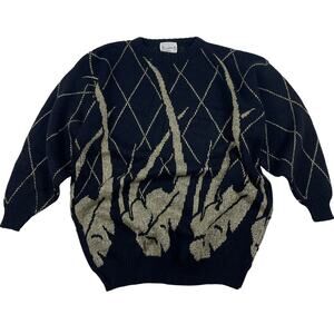 Vintage Fall Leaf Sweater Womens 90s Black & Gold Knit Acrylic Size Large